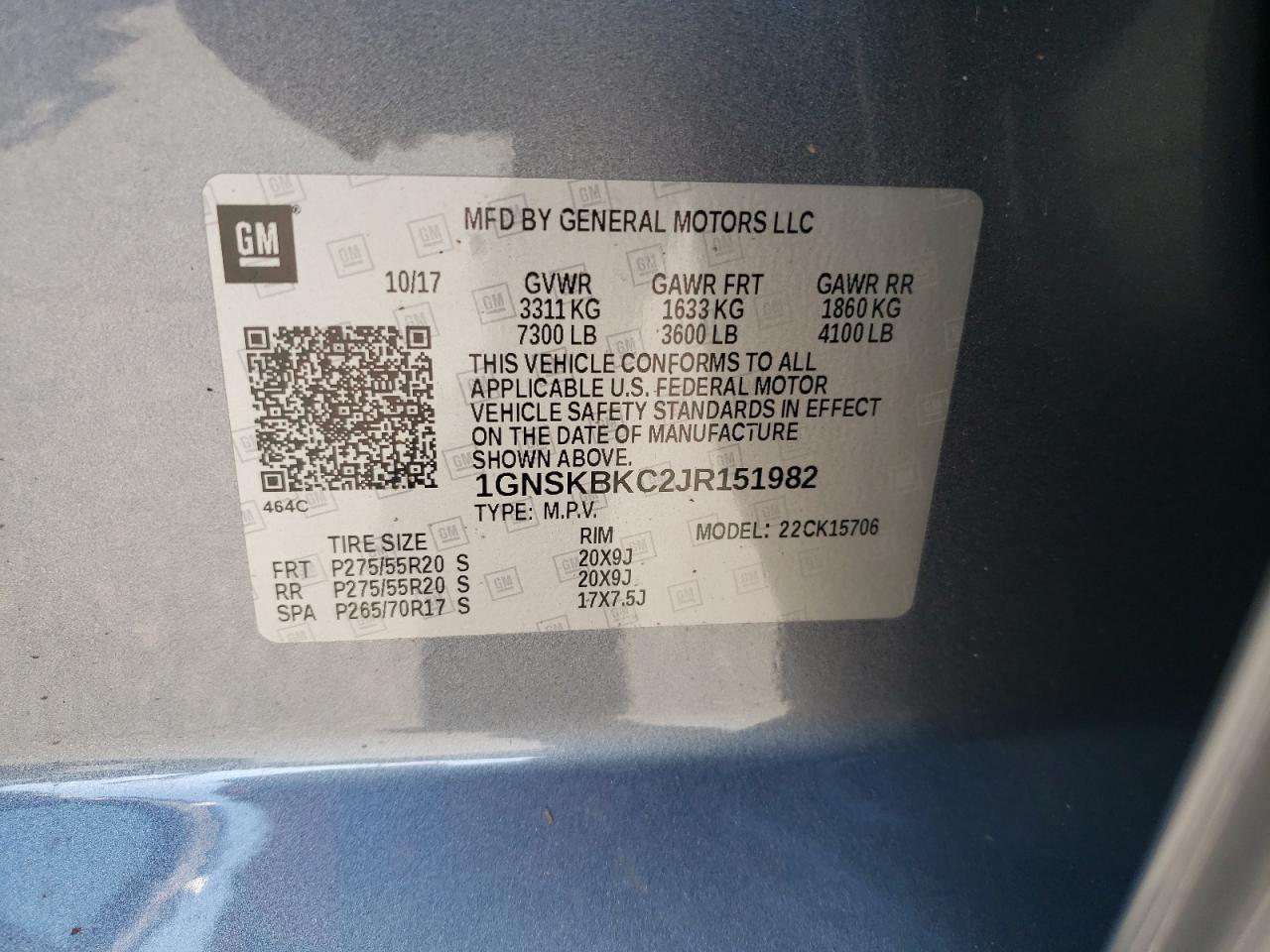 1GNSKBKC2JR151982 2018 Chevrolet Tahoe K1500 Lt