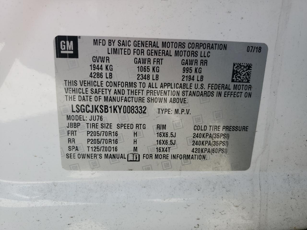 LSGCJKSB1KY008332 2019 Chevrolet Trax Ls