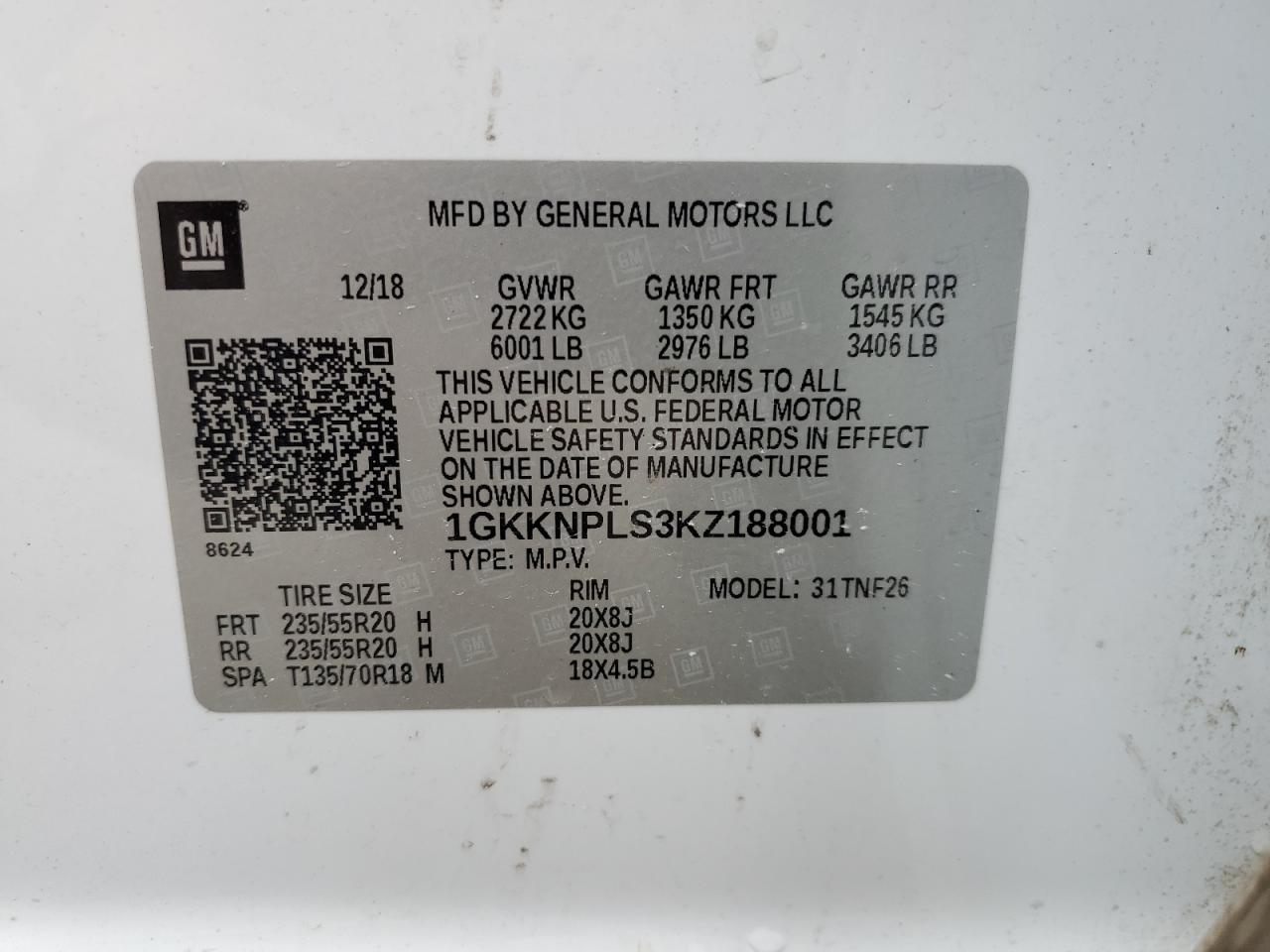 1GKKNPLS3KZ188001 2019 GMC Acadia Denali