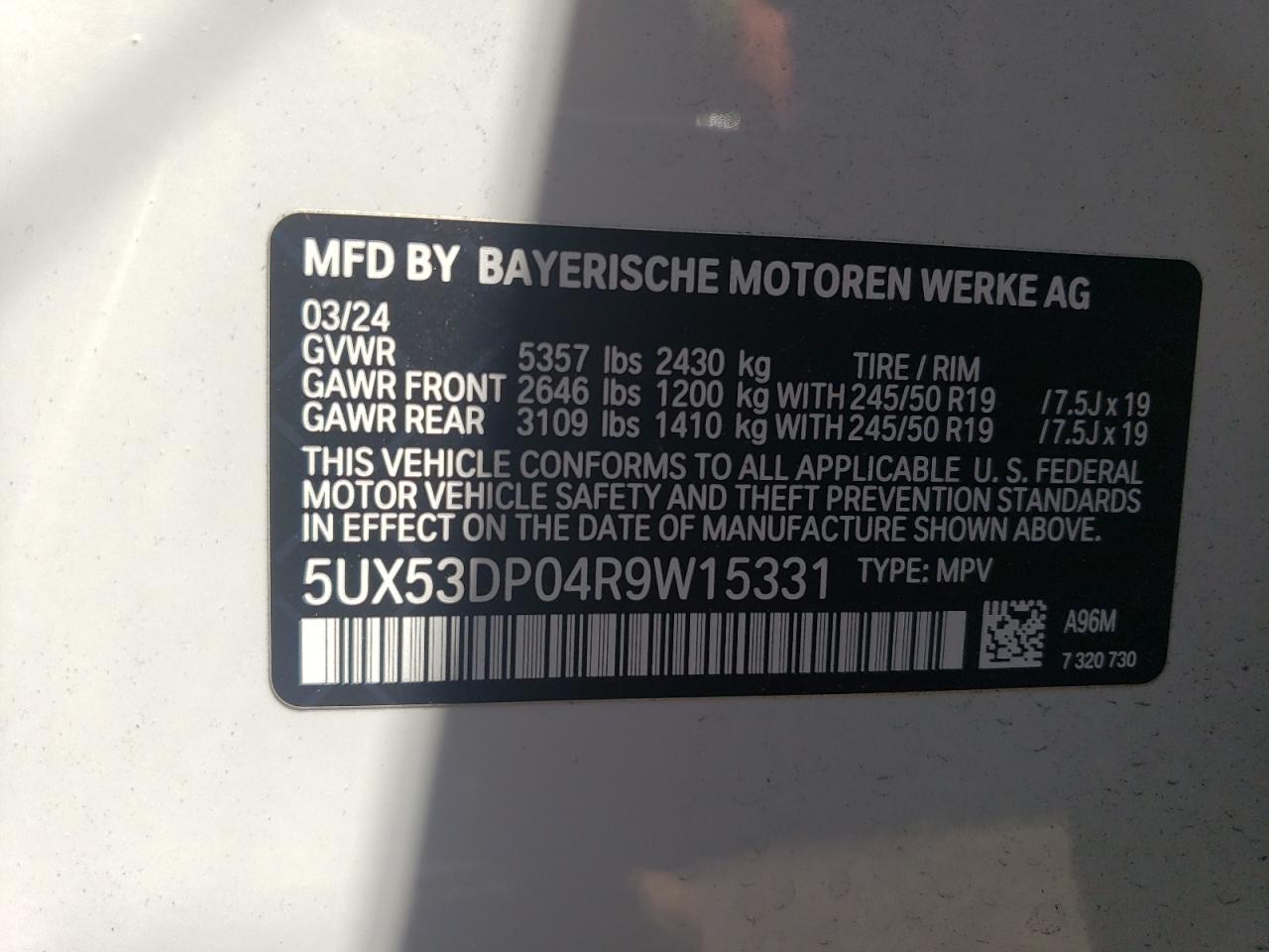 5UX53DP04R9W15331 2024 BMW X3 xDrive30I