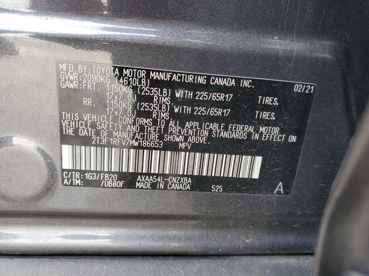 2T3F1RFV7MW186653 2021 Toyota Rav4 Le