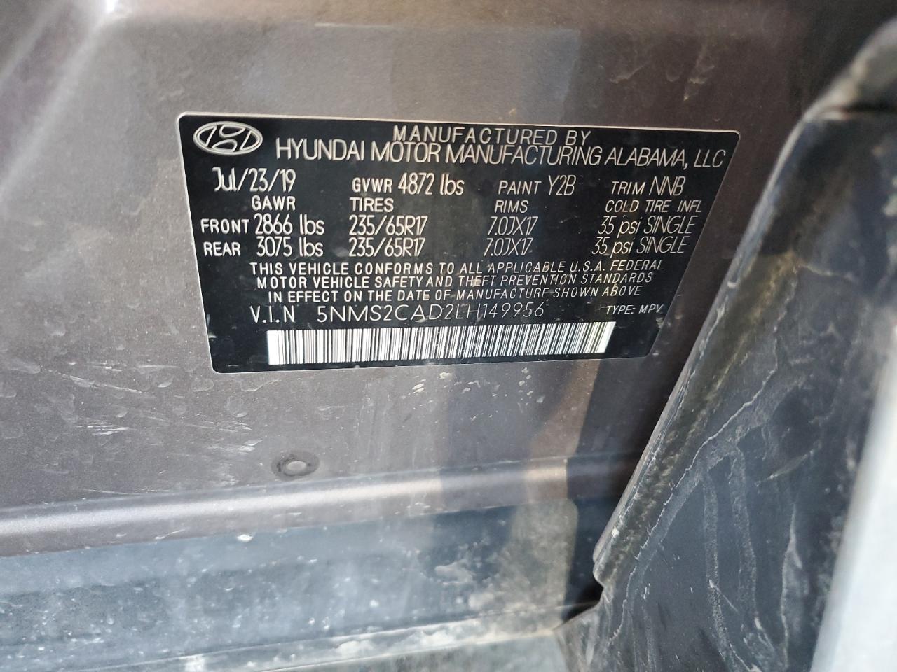 5NMS2CAD2LH149956 2020 Hyundai Santa Fe Se