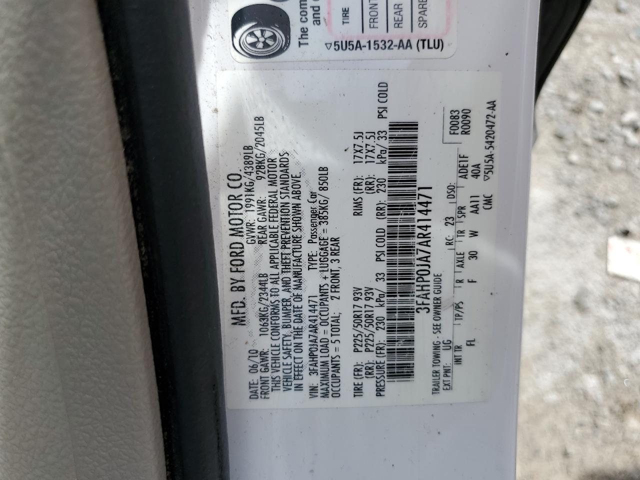 3FAHP0JA7AR414471 2010 Ford Fusion Sel