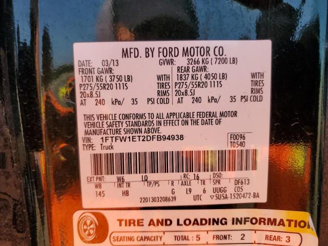 2013 Ford F150 Supercrew VIN: 1FTFW1ET2DFB94938 Lot: 55090644