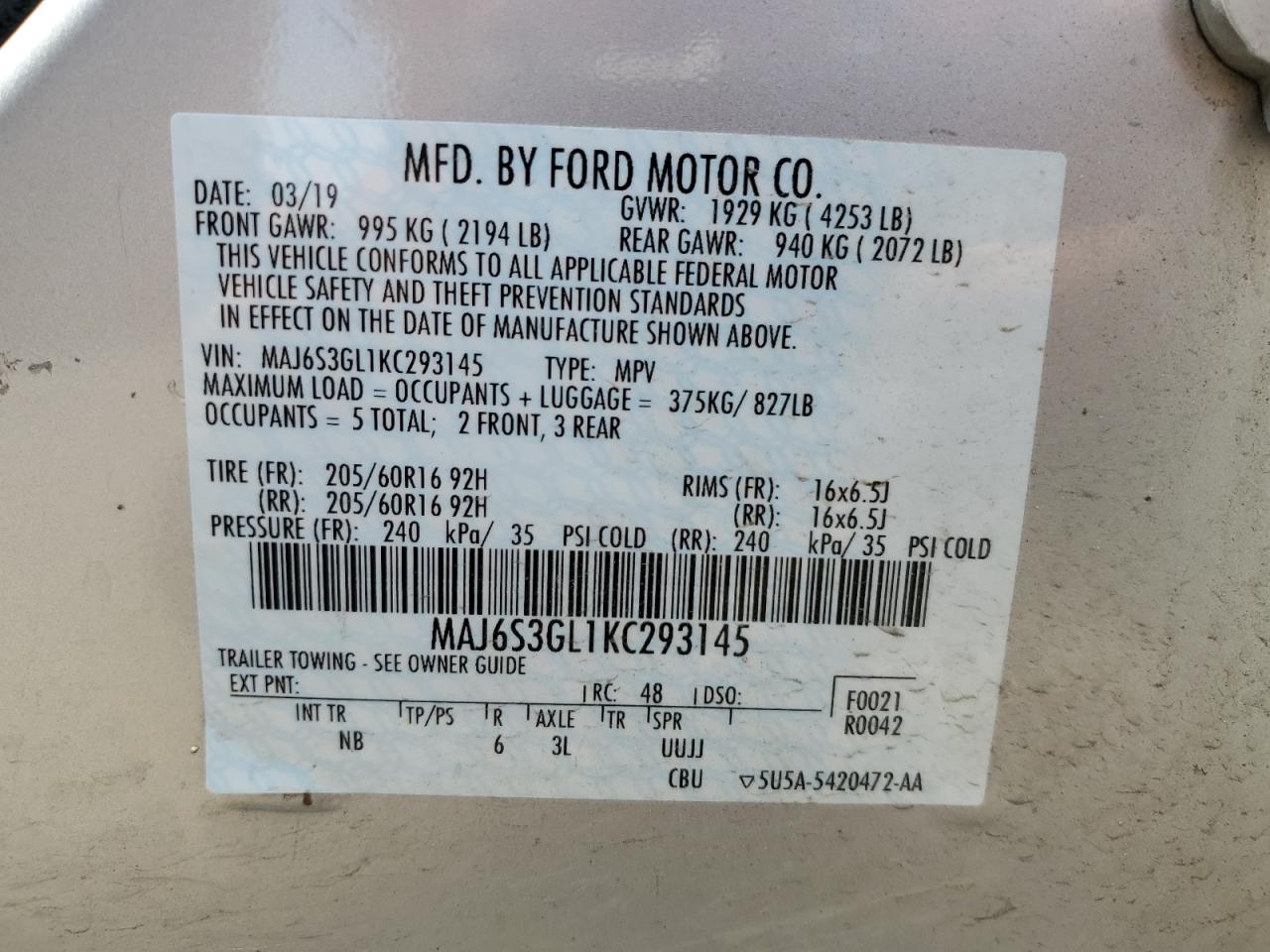 MAJ6S3GL1KC293145 2019 Ford Ecosport Se