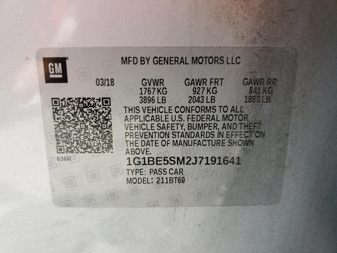 1G1BE5SM2J7191641 2018 Chevrolet Cruze Lt