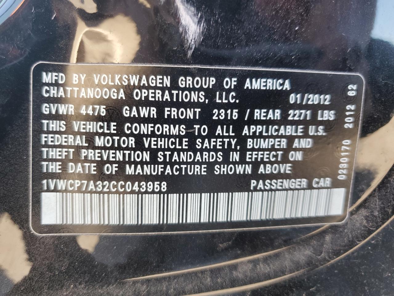 1VWCP7A32CC043958 2012 Volkswagen Passat Sel