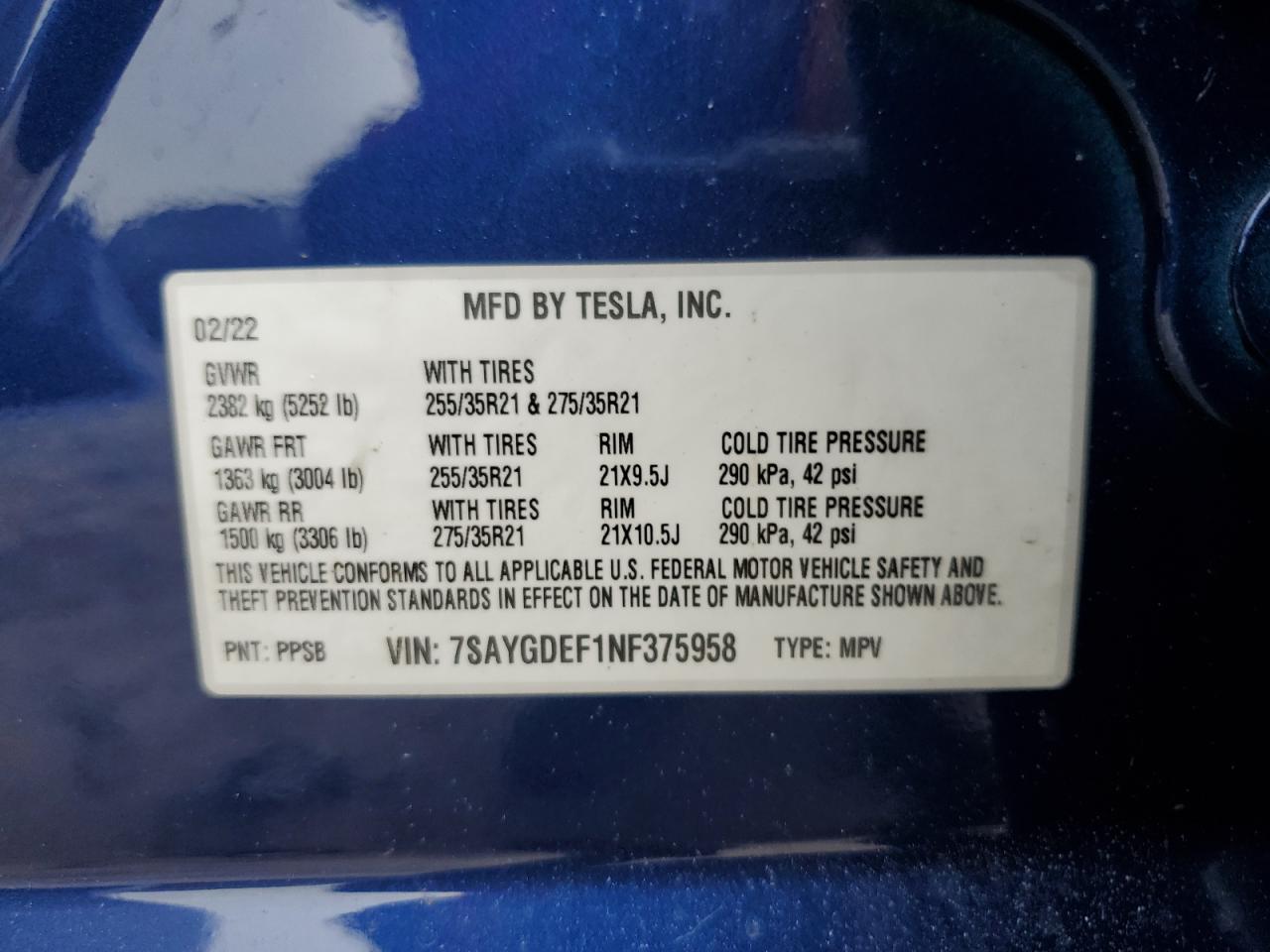 7SAYGDEF1NF375958 2022 Tesla Model Y