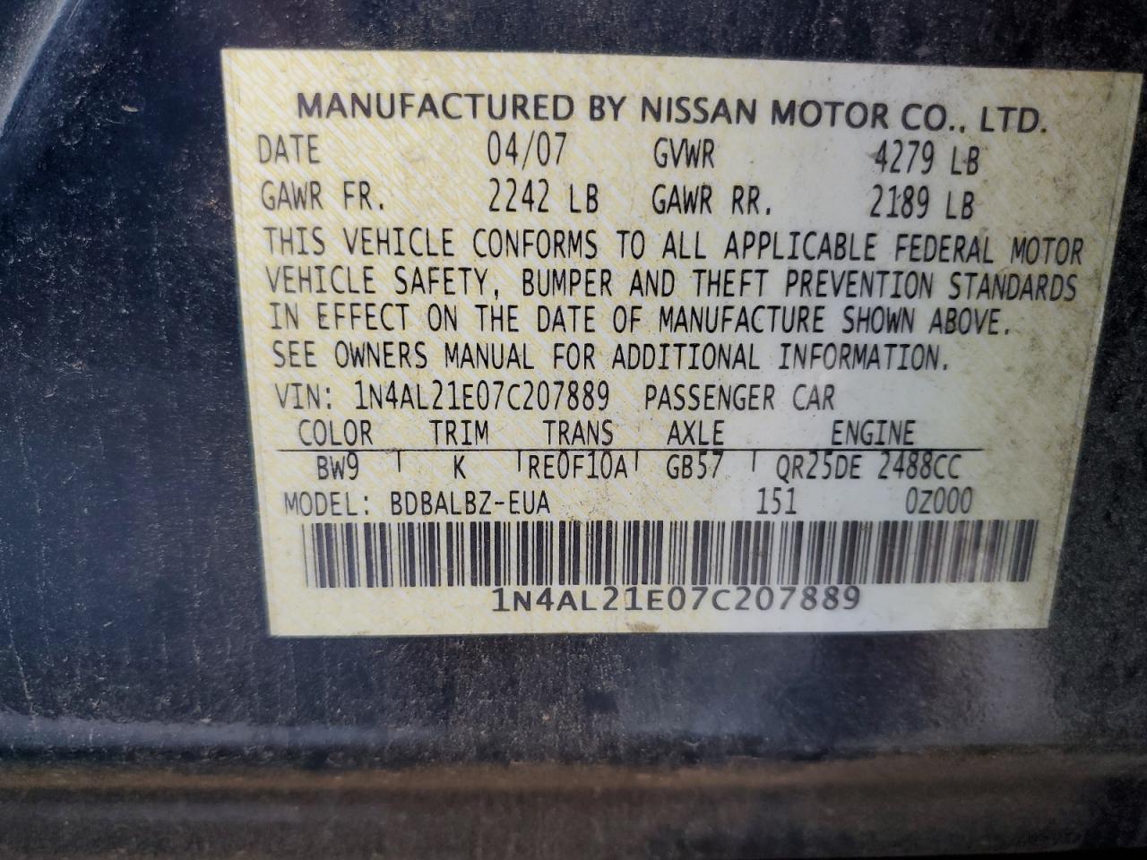 1N4AL21E07C207889 2007 Nissan Altima 2.5