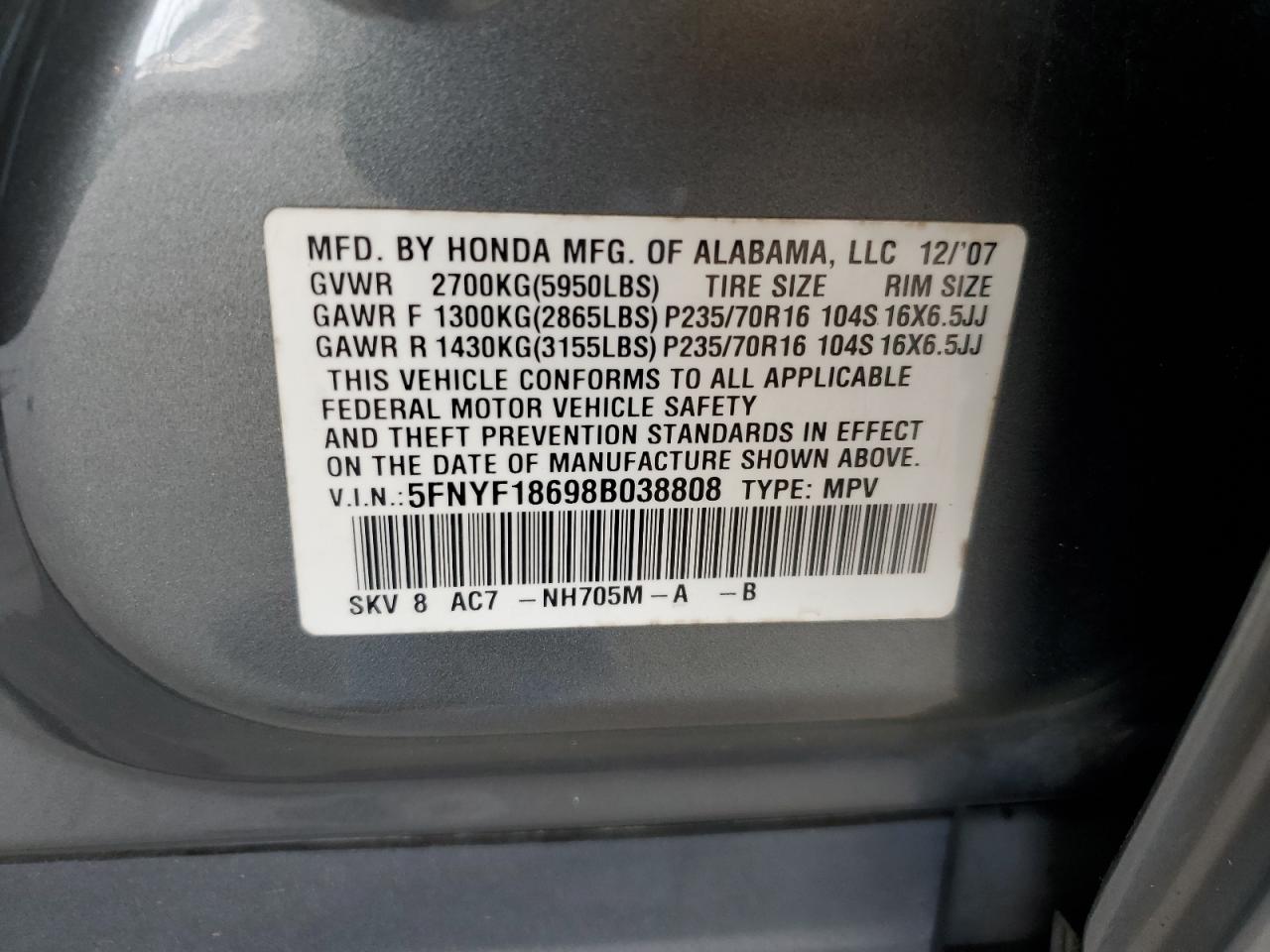 5FNYF18698B038808 2008 Honda Pilot Exl