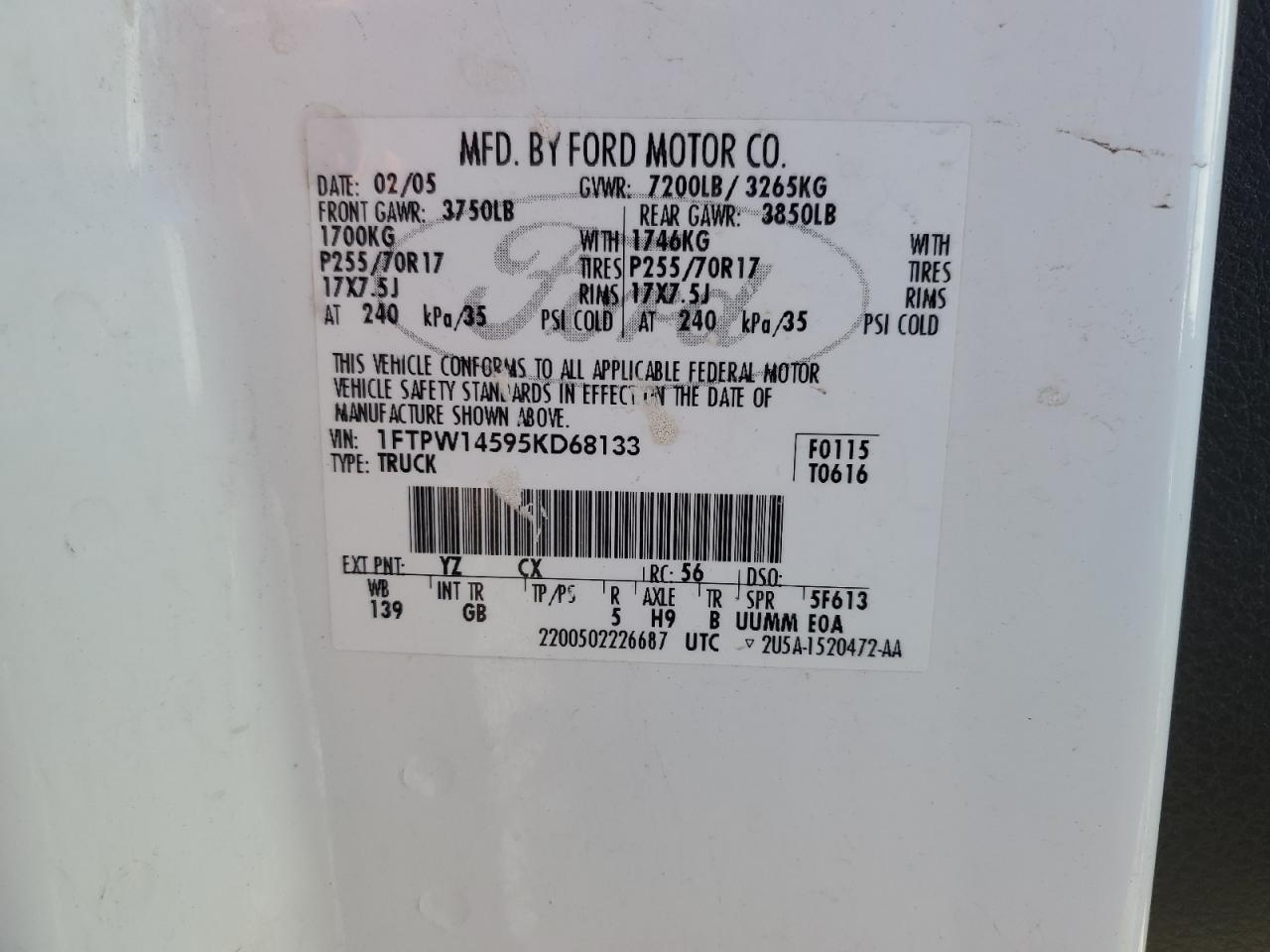 1FTPW14595KD68133 2005 Ford F150 Supercrew