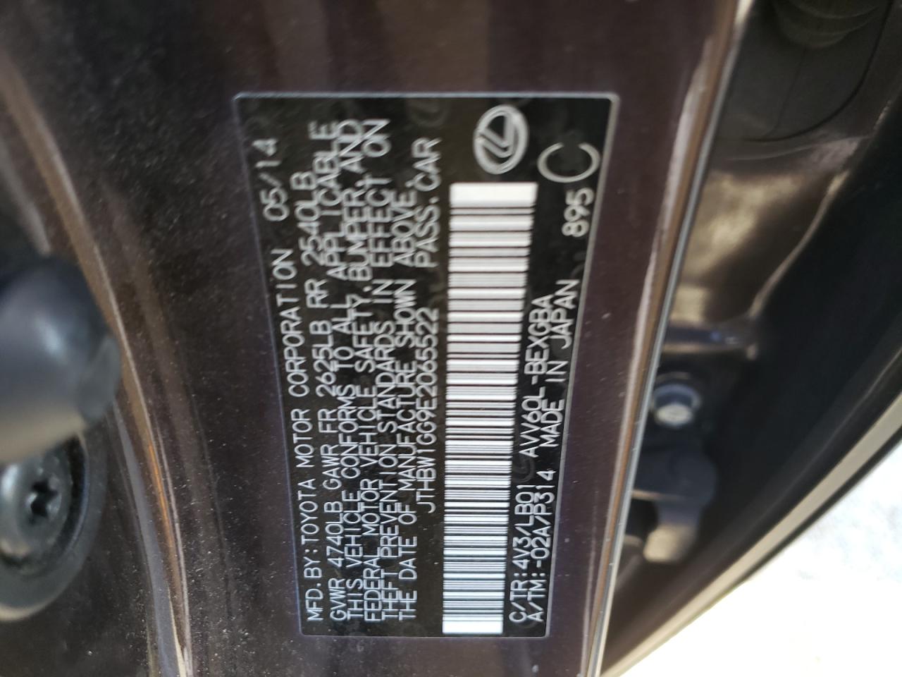 JTHBW1GG9E2065522 2014 Lexus Es 300H