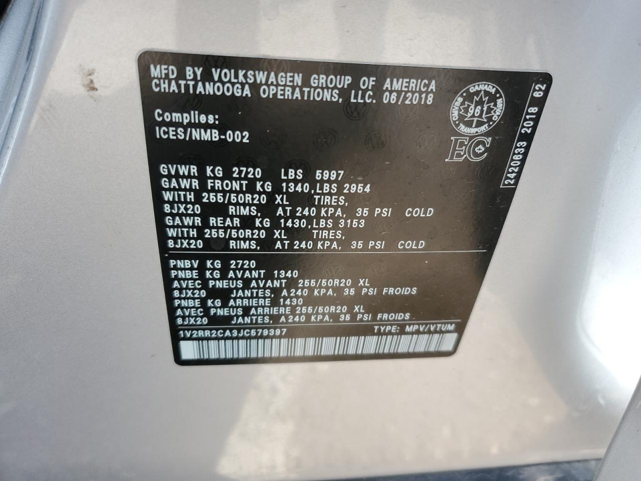 1V2RR2CA3JC579397 2018 Volkswagen Atlas Sel