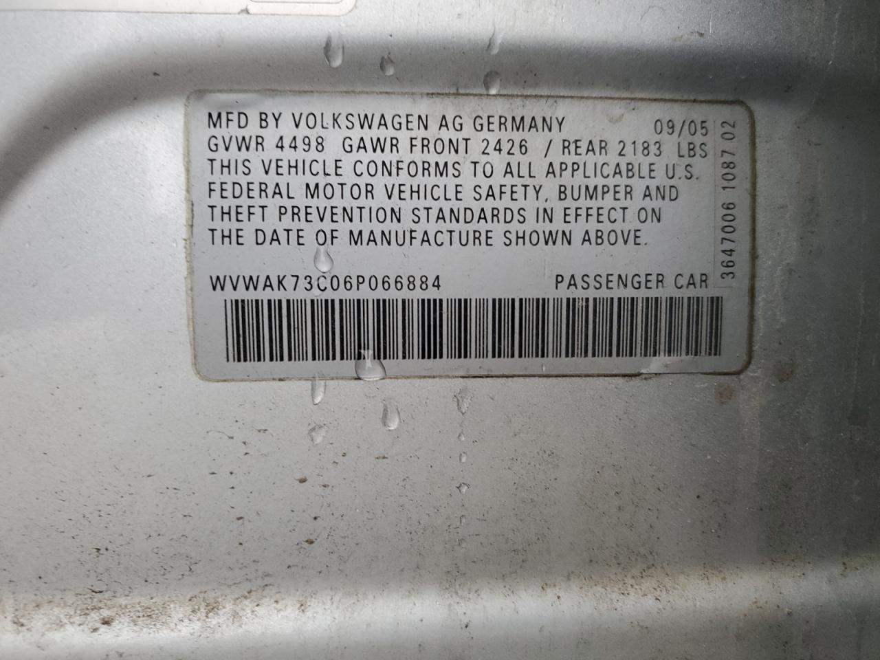 WVWAK73C06P066884 2006 Volkswagen Passat 2.0T