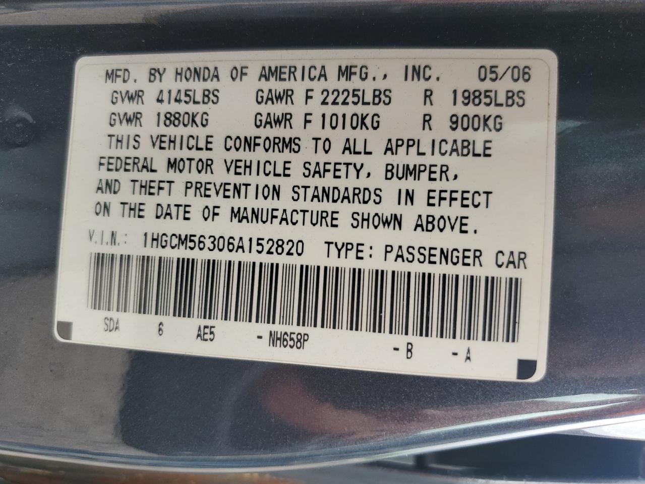 1HGCM56306A152820 2006 Honda Accord Se