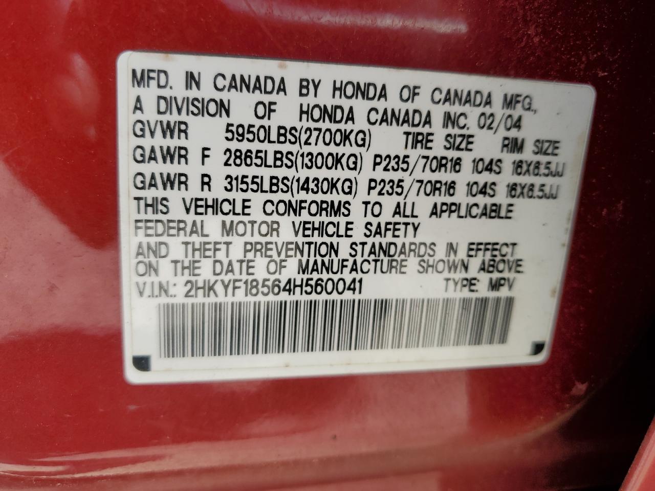 2HKYF18564H560041 2004 Honda Pilot Exl