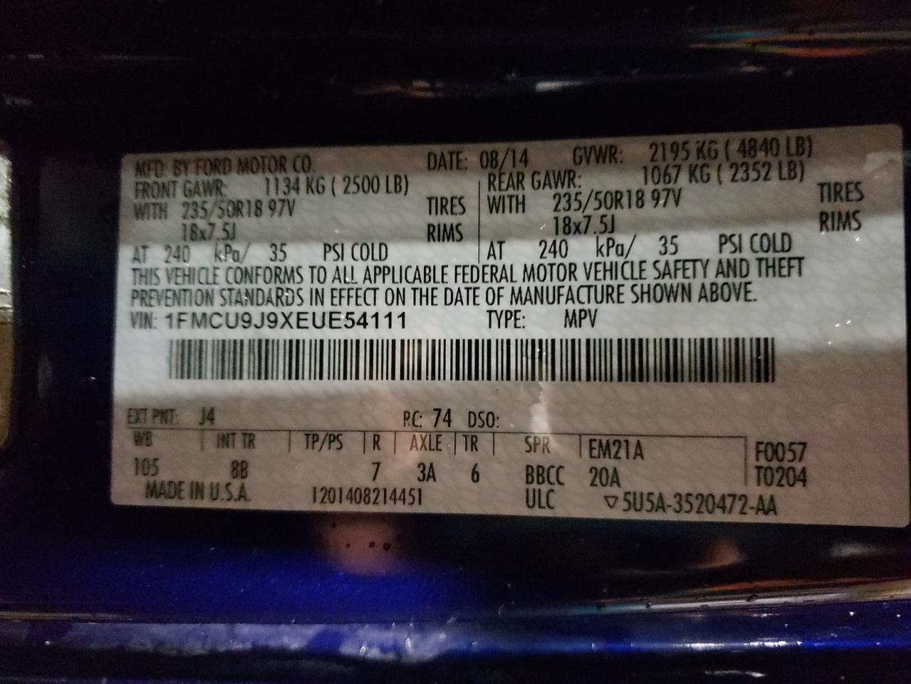 1FMCU9J9XEUE54111 2014 Ford Escape Titanium