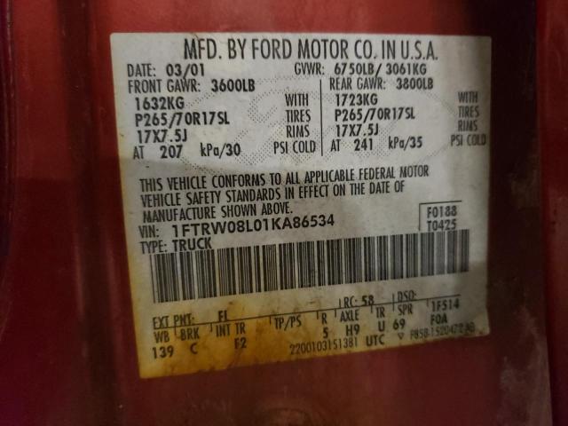 2001 Ford F150 Supercrew VIN: 1FTRW08L01KA86534 Lot: 55643294