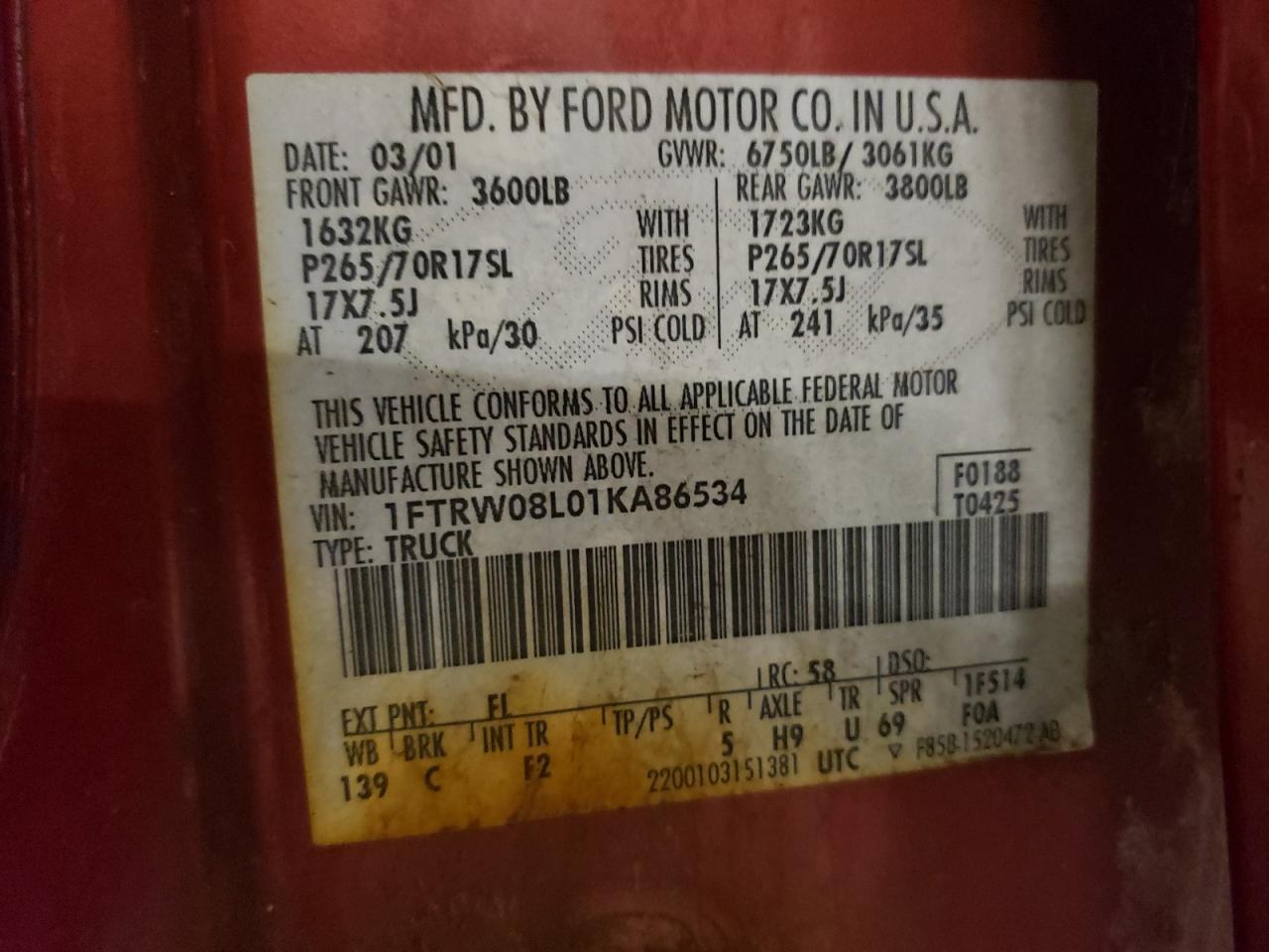 1FTRW08L01KA86534 2001 Ford F150 Supercrew