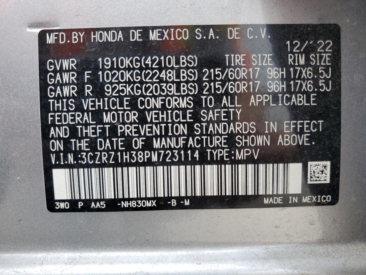 3CZRZ1H38PM723114 2023 Honda Hr-V Lx