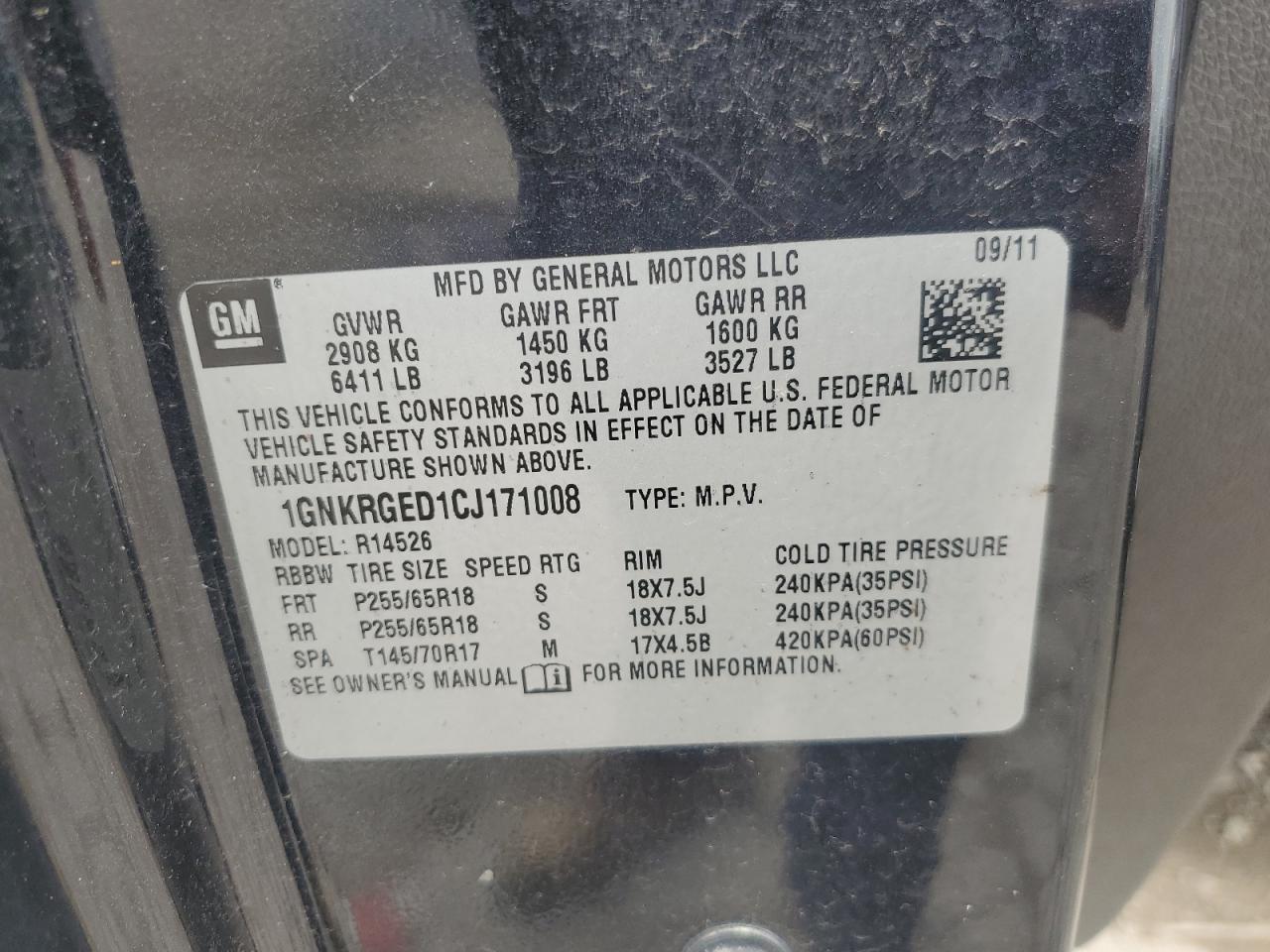 1GNKRGED1CJ171008 2012 Chevrolet Traverse Lt