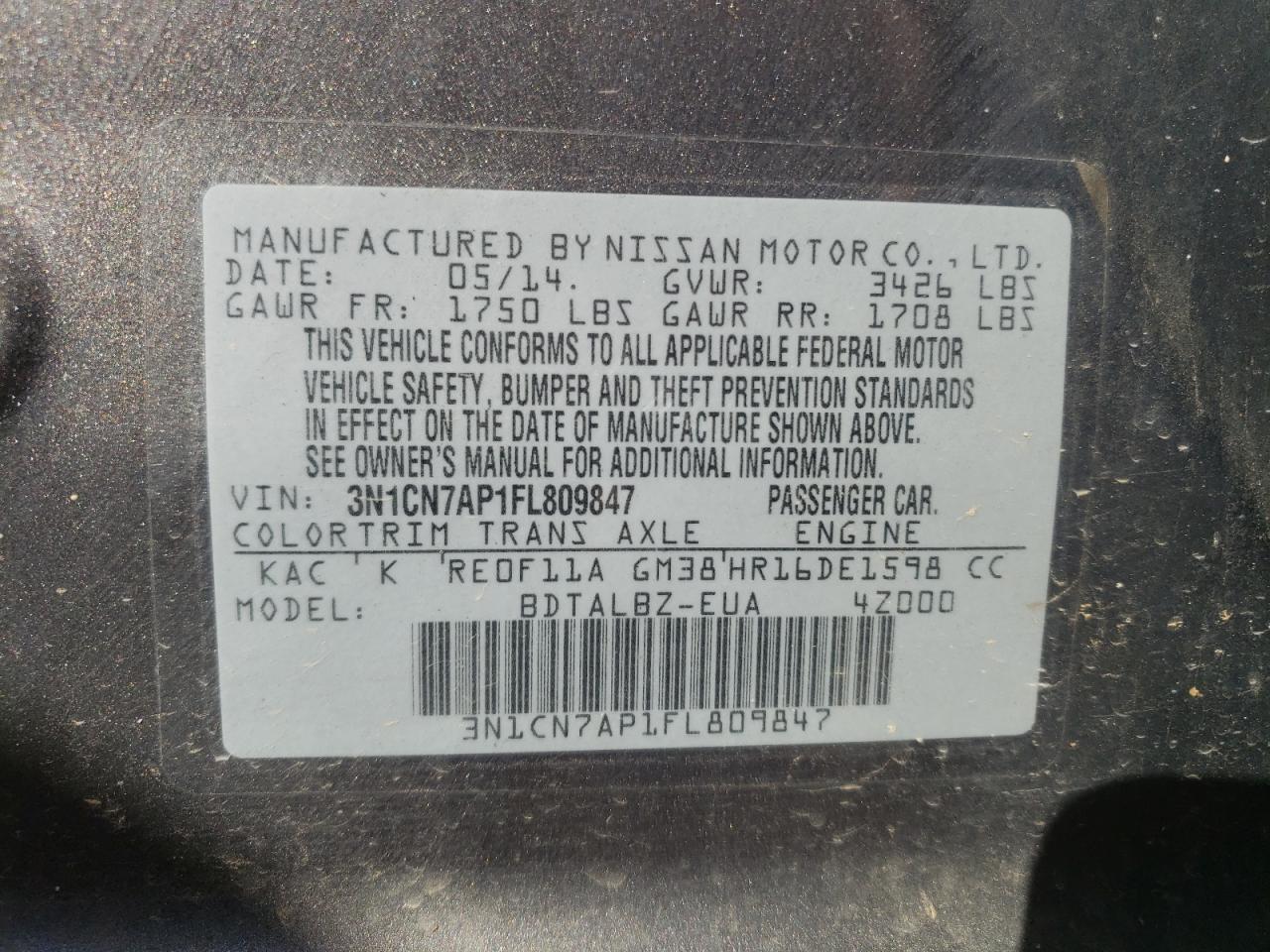 3N1CN7AP1FL809847 2015 Nissan Versa S