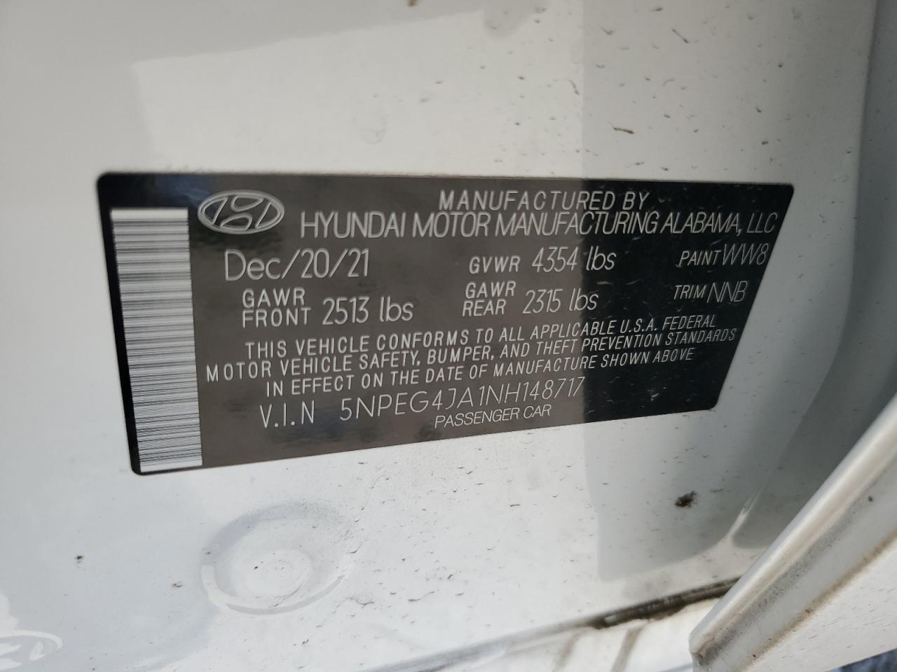 5NPEG4JA1NH148717 2022 Hyundai Sonata Se