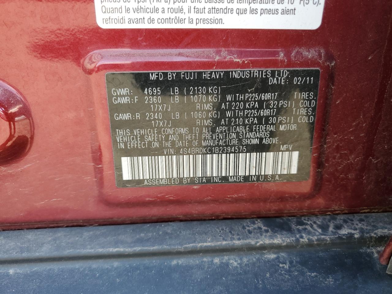 4S4BRDKC1B2394575 2011 Subaru Outback 3.6R Limited