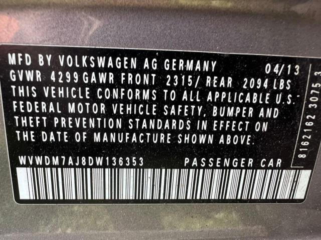 WVWDM7AJ8DW136353 2013 Volkswagen Golf