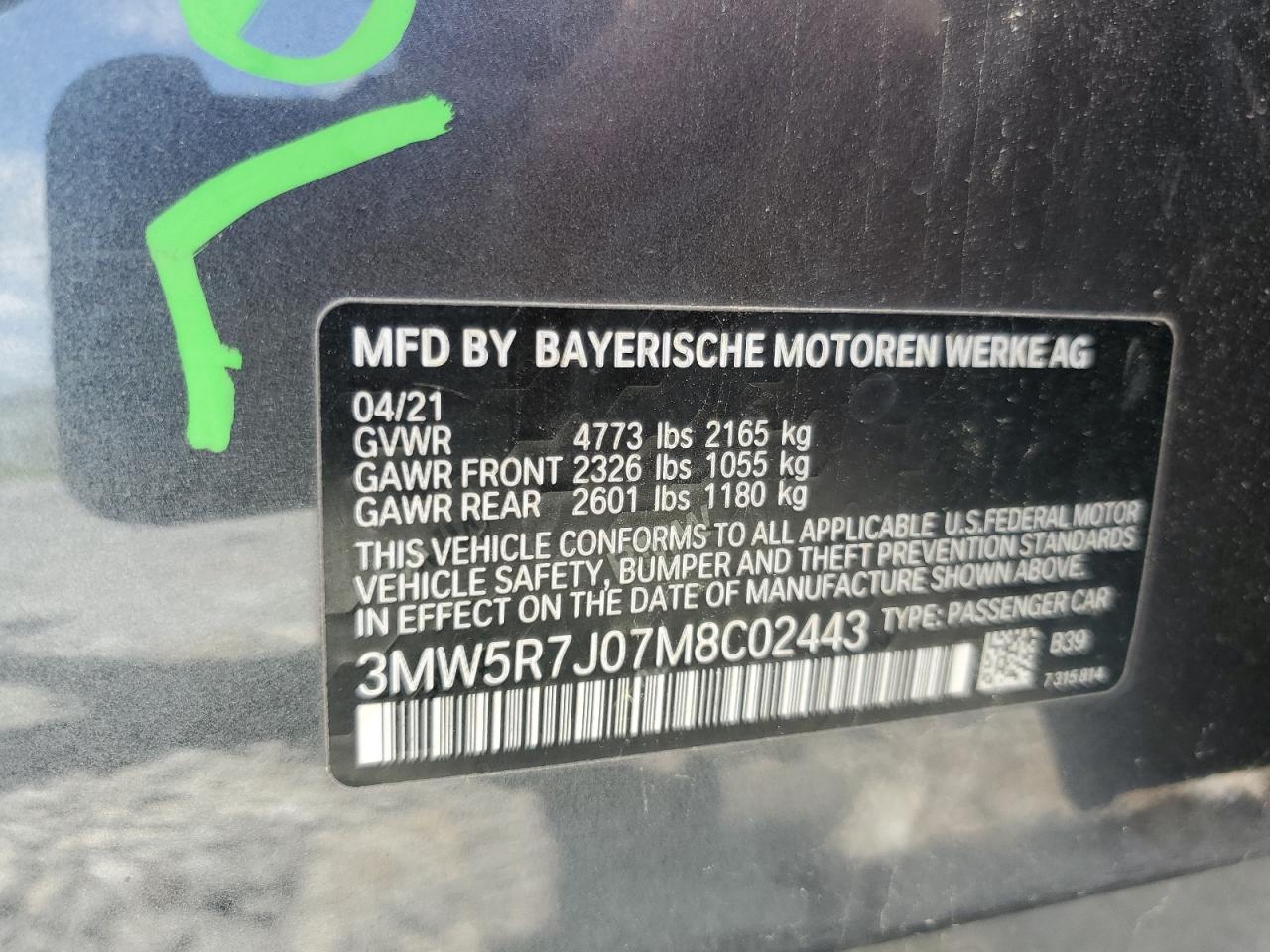 3MW5R7J07M8C02443 2021 BMW 330Xi