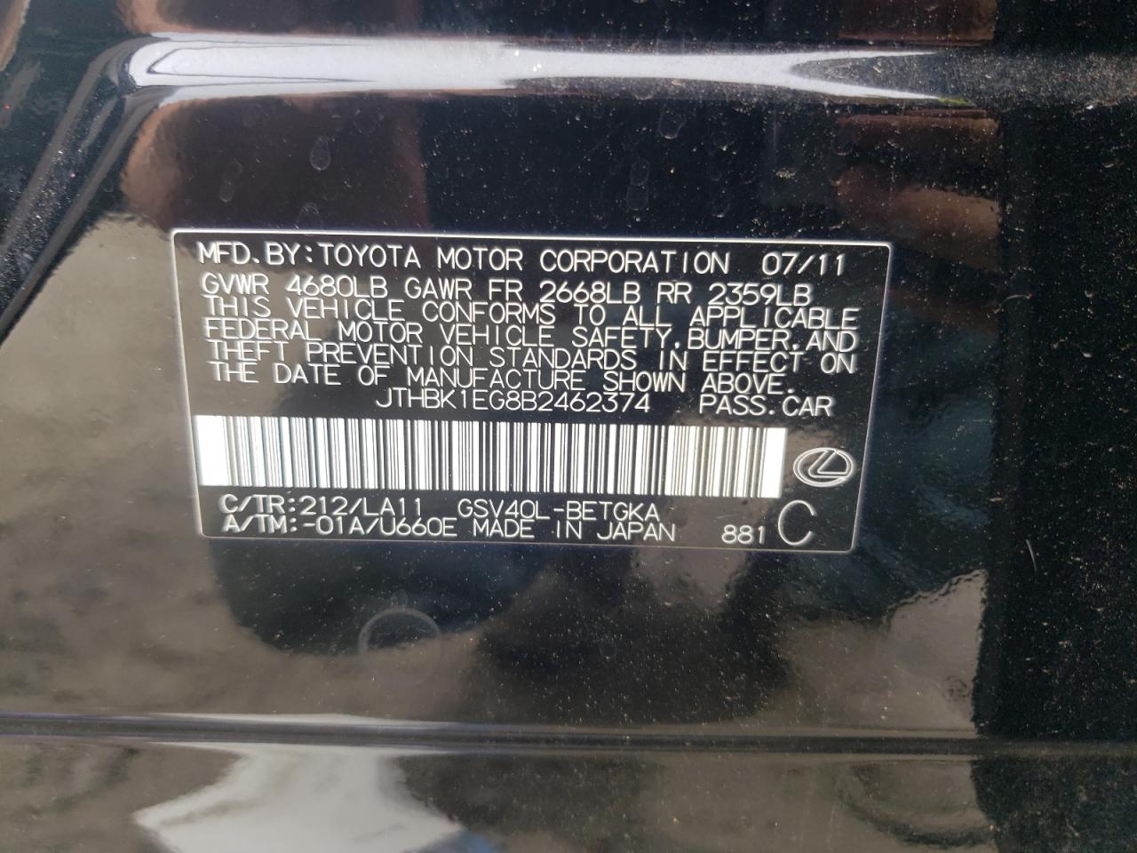 JTHBK1EG8B2462374 2011 Lexus Es 350