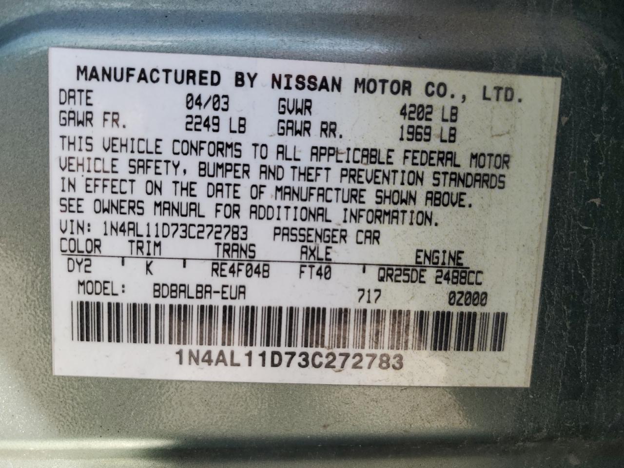 1N4AL11D73C272783 2003 Nissan Altima Base