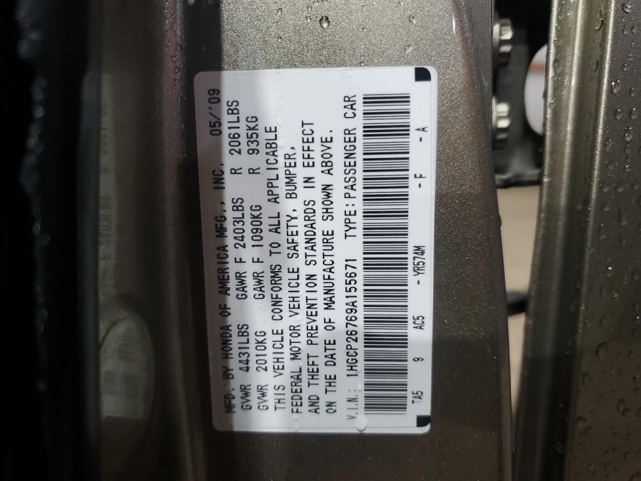 1HGCP26769A155671 2009 Honda Accord Ex