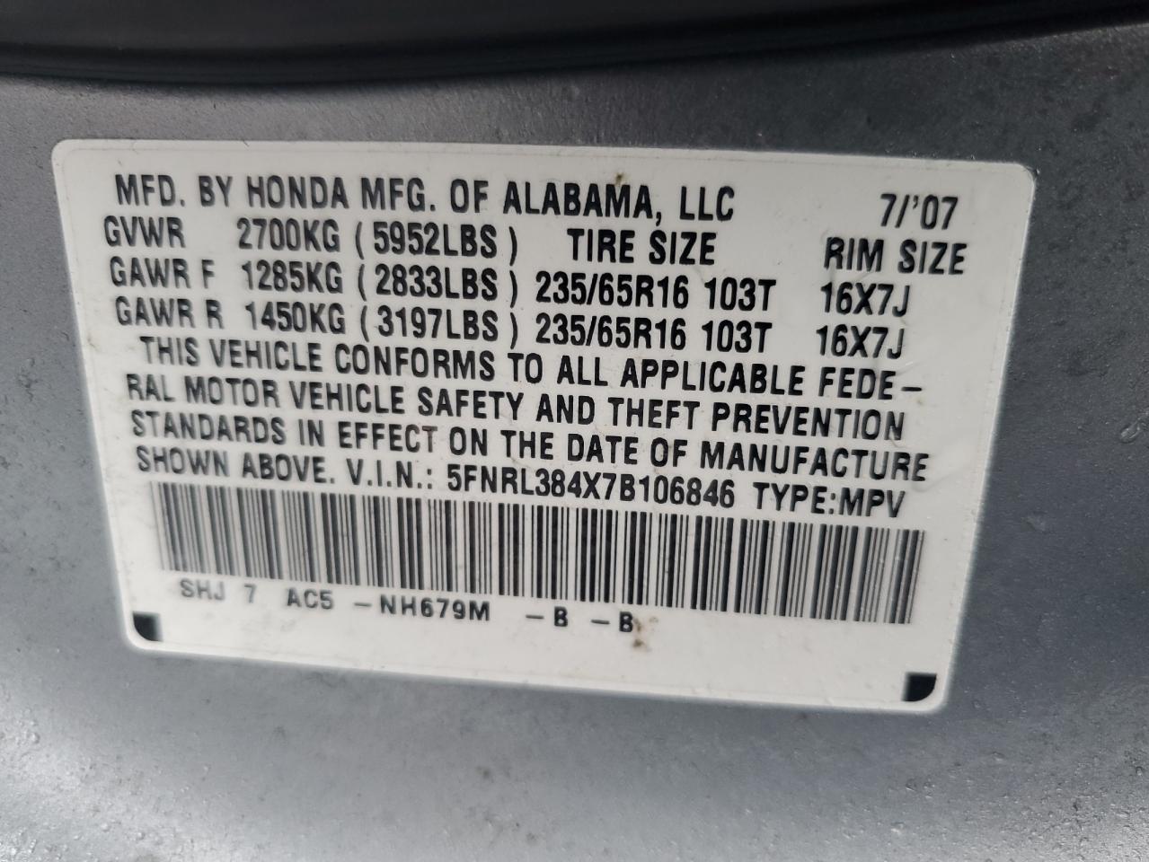 5FNRL384X7B106846 2007 Honda Odyssey Ex