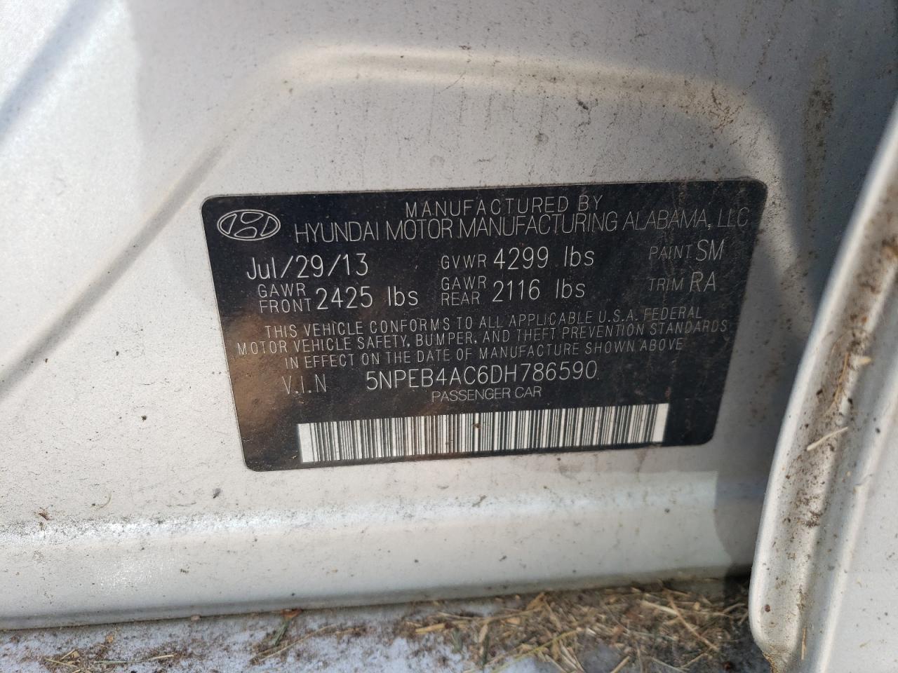 5NPEB4AC6DH786590 2013 Hyundai Sonata Gls