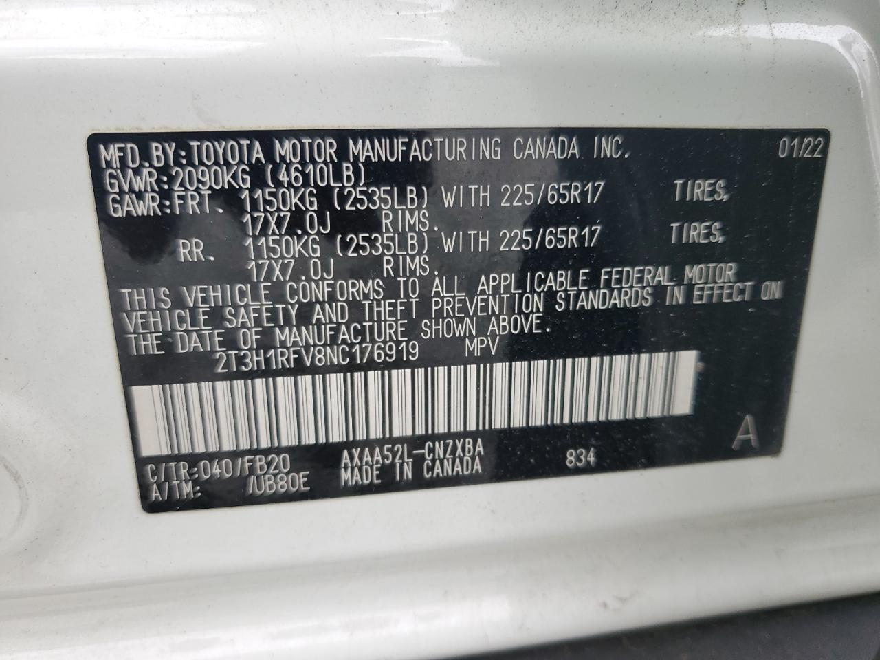 2T3H1RFV8NC176919 2022 Toyota Rav4 Le