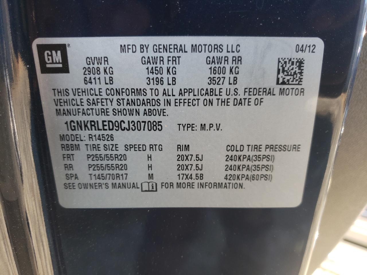 1GNKRLED9CJ307085 2012 Chevrolet Traverse Ltz