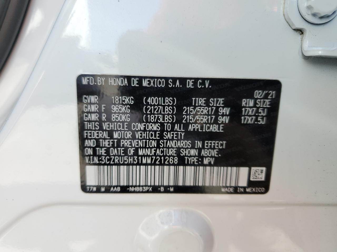 3CZRU5H31MM721268 2021 Honda Hr-V Lx