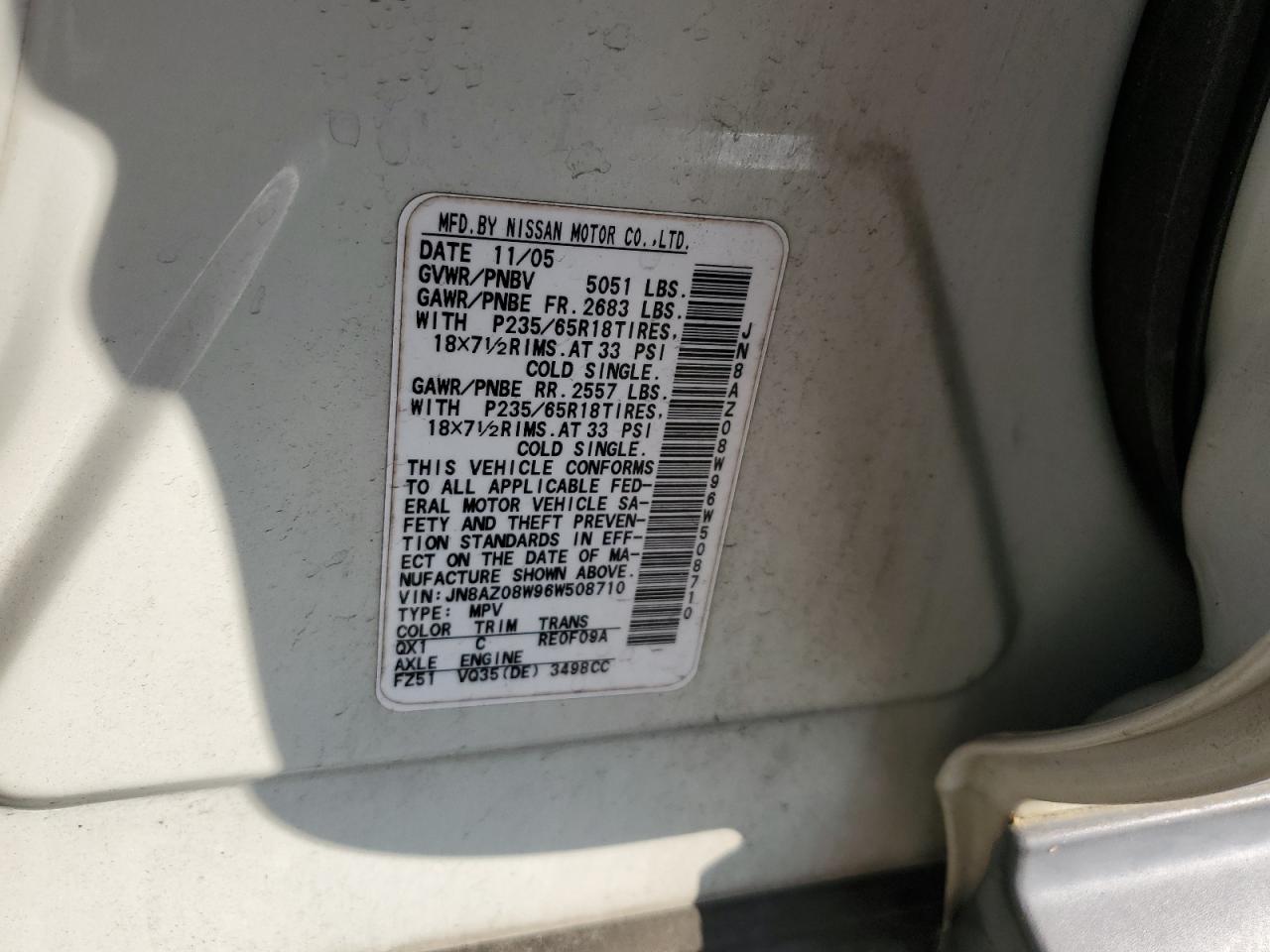 JN8AZ08W96W508710 2006 Nissan Murano Sl