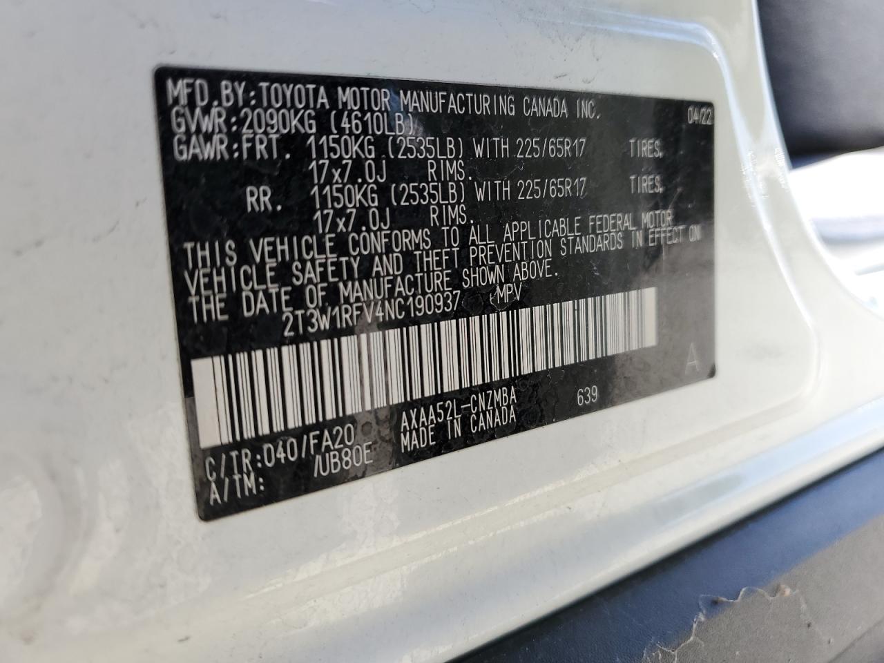 2T3W1RFV4NC190937 2022 Toyota Rav4 Xle