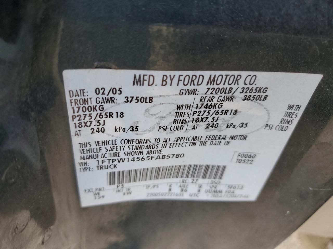 1FTPW14565FA85780 2005 Ford F150 Supercrew