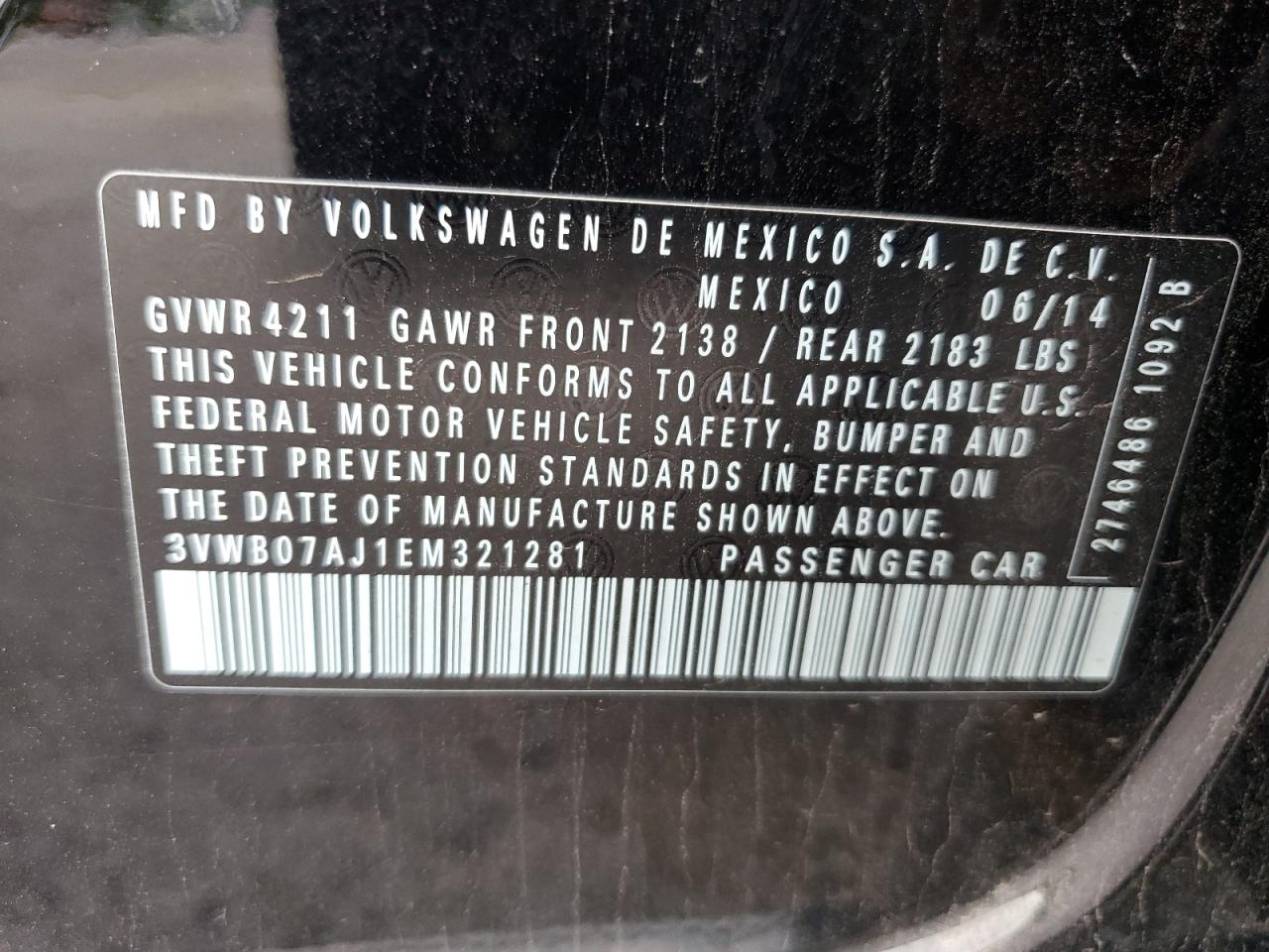 3VWB07AJ1EM321281 2014 Volkswagen Jetta Se