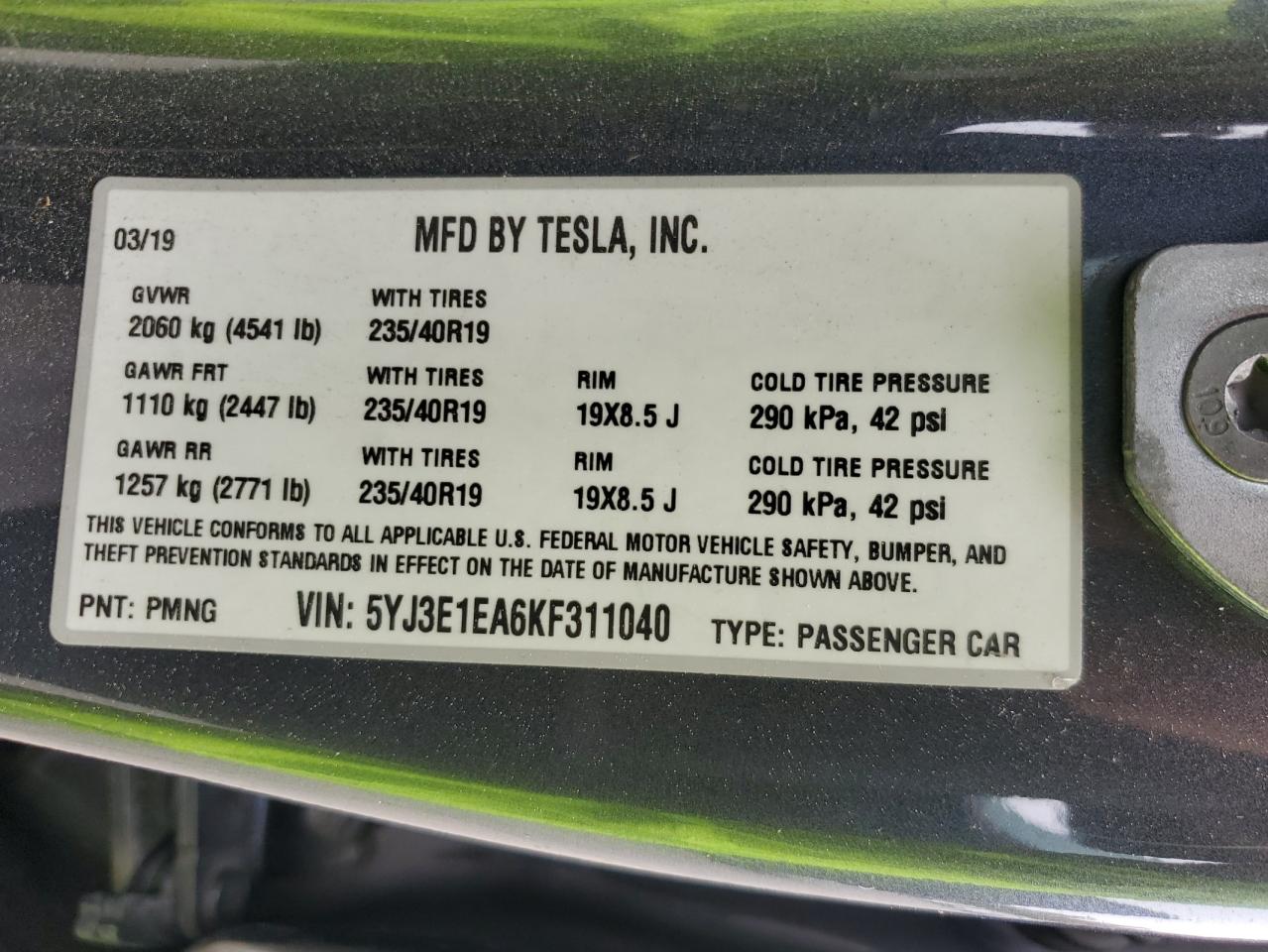 5YJ3E1EA6KF311040 2019 Tesla Model 3