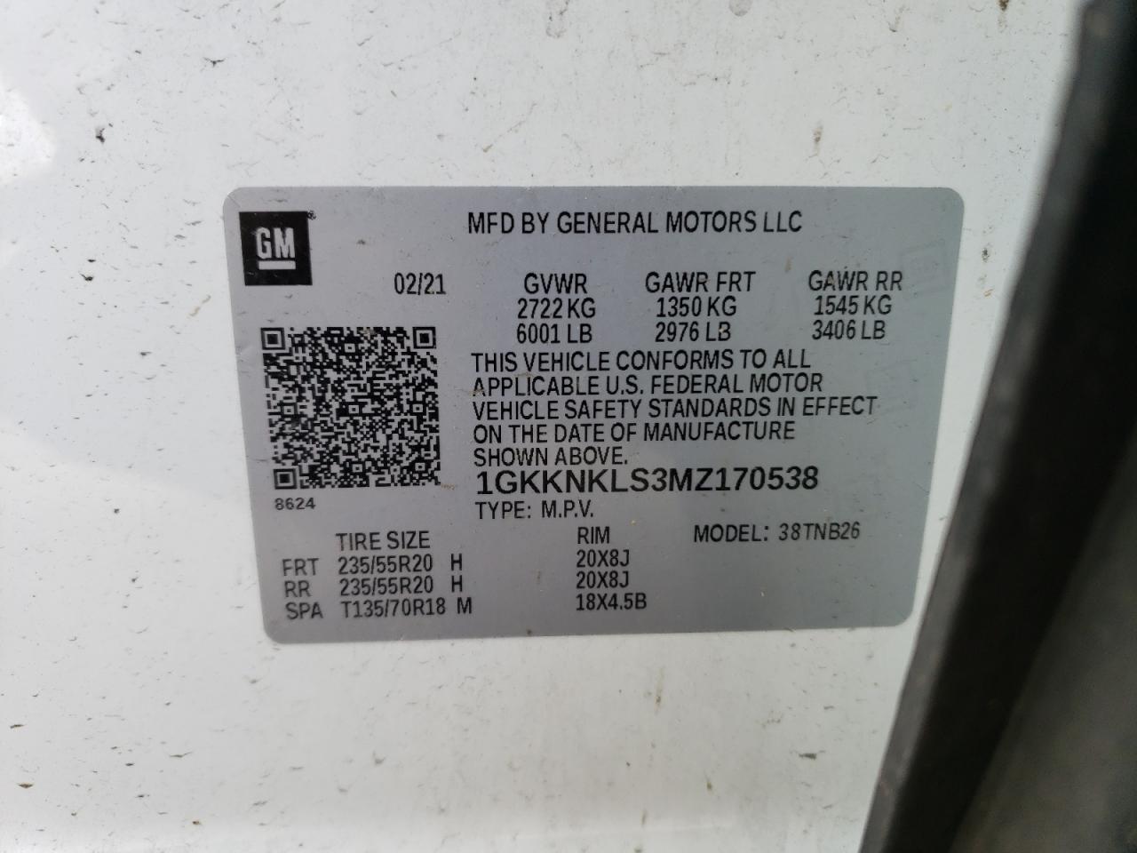 1GKKNKLS3MZ170538 2021 GMC Acadia Sle