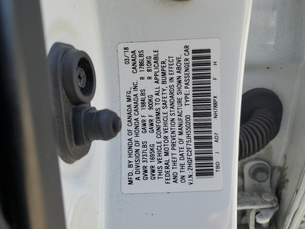 2HGFC2F75JH550200 2018 Honda Civic Ex