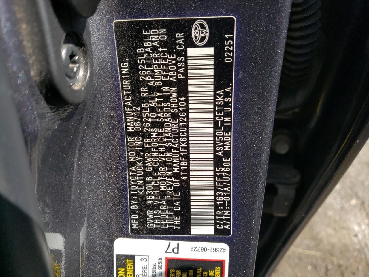 4T1BF1FK6CU126104 2012 Toyota Camry Base