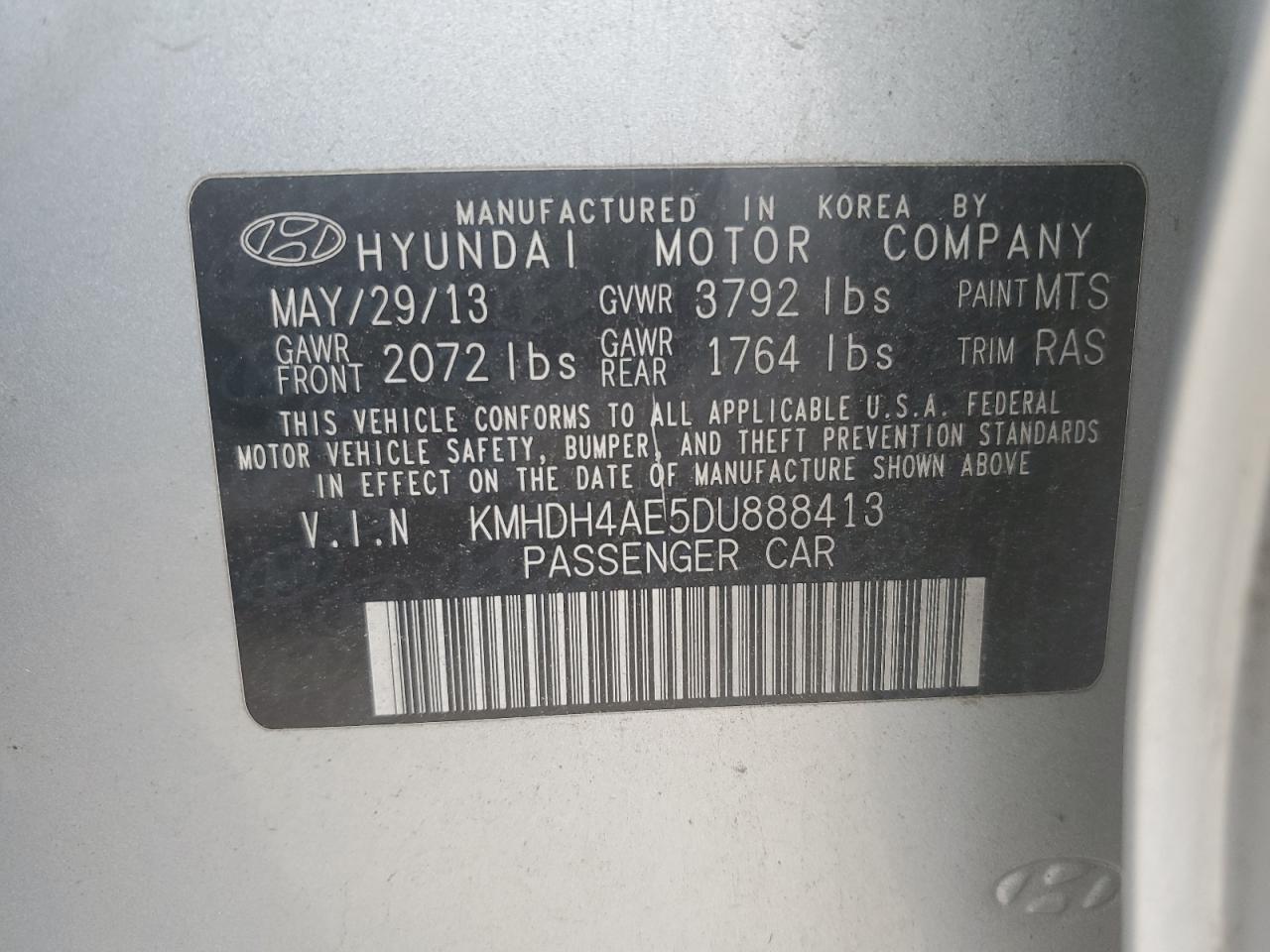 KMHDH4AE5DU888413 2013 Hyundai Elantra Gls