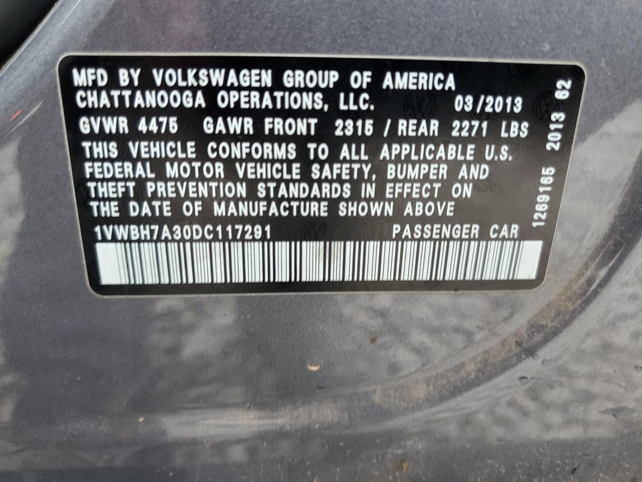 1VWBH7A30DC117291 2013 Volkswagen Passat Se