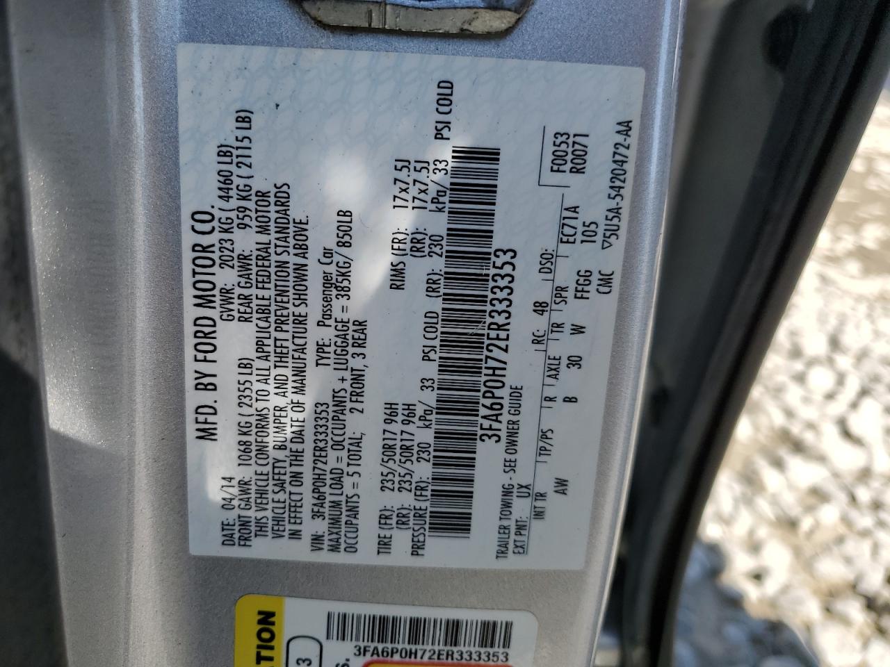 3FA6P0H72ER333353 2014 Ford Fusion Se