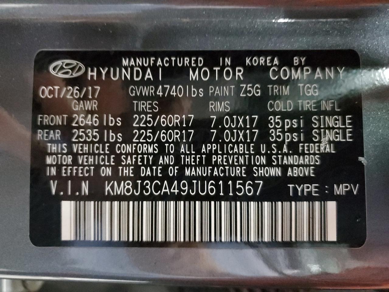 KM8J3CA49JU611567 2018 Hyundai Tucson Sel